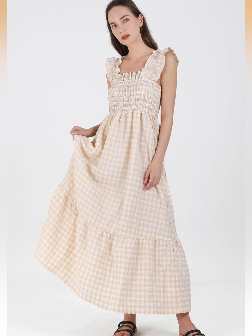 Smocked Ruffle Strap Gingham Maxi Dress - Cream Size S